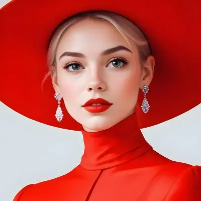A Caucasian Woman Age 23 With Light Skin White Hair Wearing A Red Dress And A Red Hat With Earrings In A White Background 22 6331