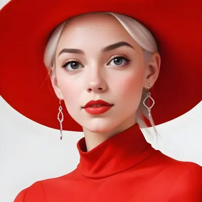 A Caucasian Woman Age 23 With Light Skin White Hair Wearing A Red Dress And A Red Hat With Earrings In A White Background 25 29a3