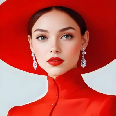 A Caucasian Woman Age 23 With Light Skin White Hair Wearing A Red Dress And A Red Hat With Earrings In A White Background 25 Bb44