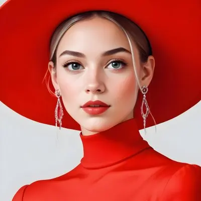 A Caucasian Woman Age 23 With Light Skin White Hair Wearing A Red Dress And A Red Hat With Earrings In A White Background 27 B07d