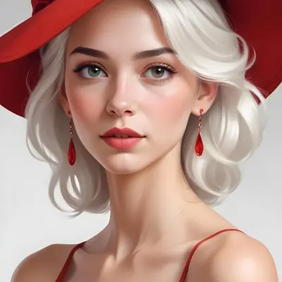 A Caucasian Woman Age 23 With Light Skin White Hair Wearing A Red Dress And A Red Hat With Earrings In A White Background 28 D7af