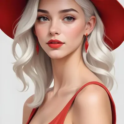 A Caucasian Woman Age 23 With Light Skin White Hair Wearing A Red Dress And A Red Hat With Earrings In A White Background 32 0d3c