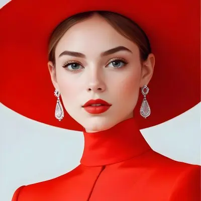 A Caucasian Woman Age 23 With Light Skin White Hair Wearing A Red Dress And A Red Hat With Earrings In A White Background 35 Fe35