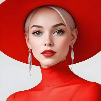 A Caucasian Woman Age 23 With Light Skin White Hair Wearing A Red Dress And A Red Hat With Earrings In A White Background 36 817f