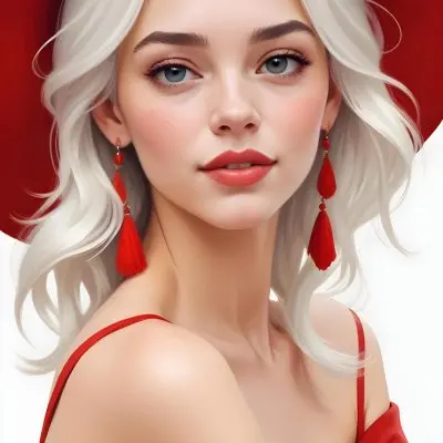 A Caucasian Woman Age 23 With Light Skin White Hair Wearing A Red Dress And A Red Hat With Earrings In A White Background 41 6030