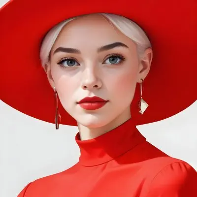 A Caucasian Woman Age 23 With Light Skin White Hair Wearing A Red Dress And A Red Hat With Earrings In A White Background 5 6c27