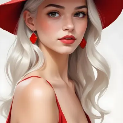 A Caucasian Woman Age 23 With Light Skin White Hair Wearing A Red Dress And A Red Hat With Earrings In A White Background 6 63d7
