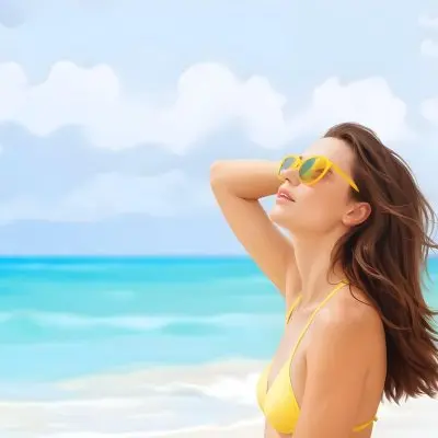 A Caucasian Woman Age 25 Brown Hair Yellow Bikini And Sunglasses Looking Up To The Sky In A Tropical Beach 11 A0a3