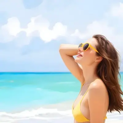 A Caucasian Woman Age 25 Brown Hair Yellow Bikini And Sunglasses Looking Up To The Sky In A Tropical Beach 21 4768