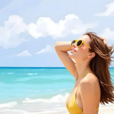 A Caucasian Woman Age 25 Brown Hair Yellow Bikini And Sunglasses Looking Up To The Sky In A Tropical Beach 22 Fffa