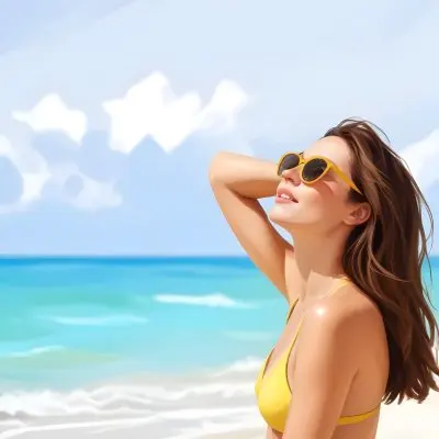 A Caucasian Woman Age 25 Brown Hair Yellow Bikini And Sunglasses Looking Up To The Sky In A Tropical Beach 6 7e40