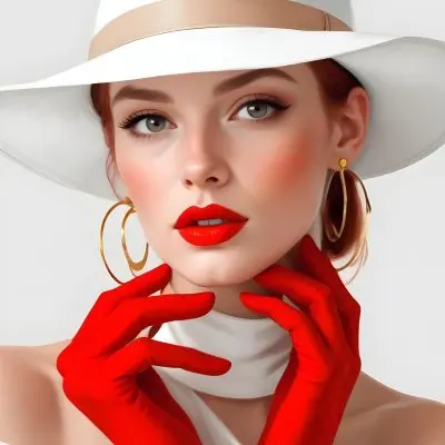A Caucasian Woman Age 25 Red Hair Wearing A White Hat Brown Lipstick Red Gloves And Golden Earrings In A Red Background 12 203a