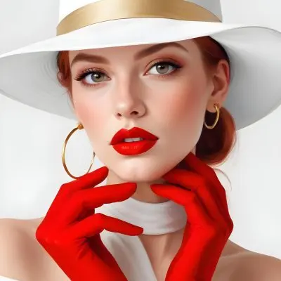 A Caucasian Woman Age 25 Red Hair Wearing A White Hat Brown Lipstick Red Gloves And Golden Earrings In A Red Background 19 32d9