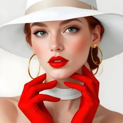 A Caucasian Woman Age 25 Red Hair Wearing A White Hat Brown Lipstick Red Gloves And Golden Earrings In A Red Background 22 456e