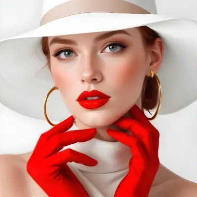 A Caucasian Woman Age 25 Red Hair Wearing A White Hat Brown Lipstick Red Gloves And Golden Earrings In A Red Background 3 5454