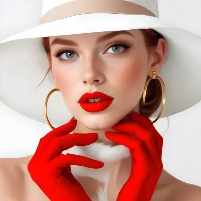 A Caucasian Woman Age 25 Red Hair Wearing A White Hat Brown Lipstick Red Gloves And Golden Earrings In A Red Background 34 6966
