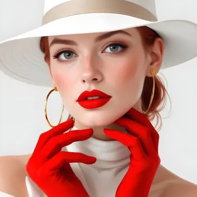A Caucasian Woman Age 25 Red Hair Wearing A White Hat Brown Lipstick Red Gloves And Golden Earrings In A Red Background 6 4173