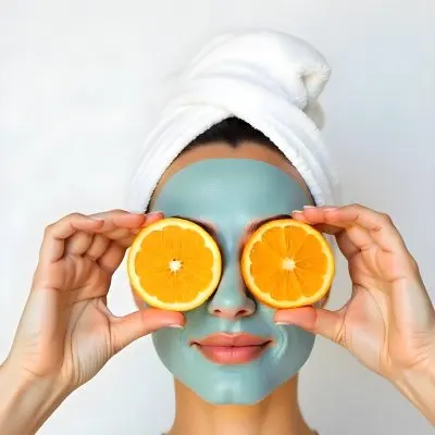 A Caucasian Woman Age 25 With A Towel On Her Head And A Facial Mask Holding Two Orange Slices In Front Of Her Eyes White Background 16 31c5