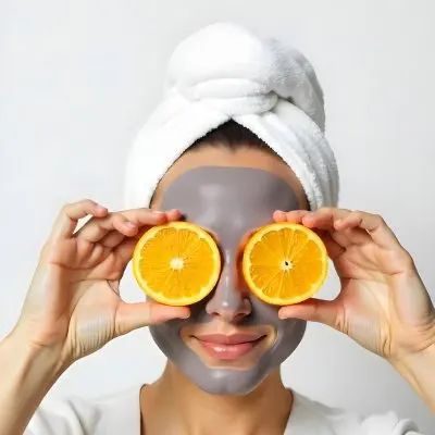 A Caucasian Woman Age 25 With A Towel On Her Head And A Facial Mask Holding Two Orange Slices In Front Of Her Eyes White Background 2 417b