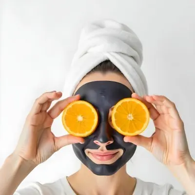 A Caucasian Woman Age 25 With A Towel On Her Head And A Facial Mask Holding Two Orange Slices In Front Of Her Eyes White Background 20 03b7