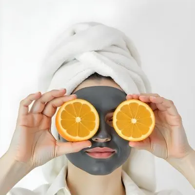 A Caucasian Woman Age 25 With A Towel On Her Head And A Facial Mask Holding Two Orange Slices In Front Of Her Eyes White Background 30 B188