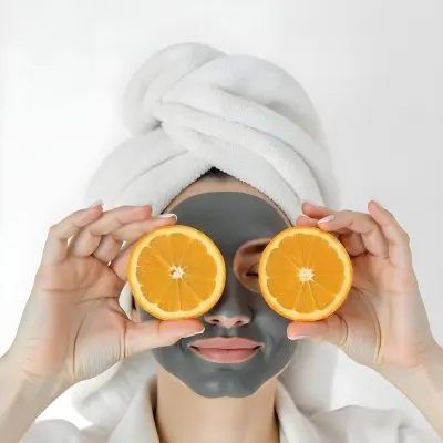 A Caucasian Woman Age 25 With A Towel On Her Head And A Facial Mask Holding Two Orange Slices In Front Of Her Eyes White Background 32 824d