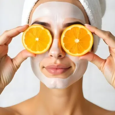 A Caucasian Woman Age 25 With A Towel On Her Head And A Facial Mask Holding Two Orange Slices In Front Of Her Eyes White Background 40 Dd6d