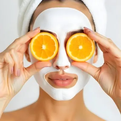 A Caucasian Woman Age 25 With A Towel On Her Head And A Facial Mask Holding Two Orange Slices In Front Of Her Eyes White Background 5 A6e2