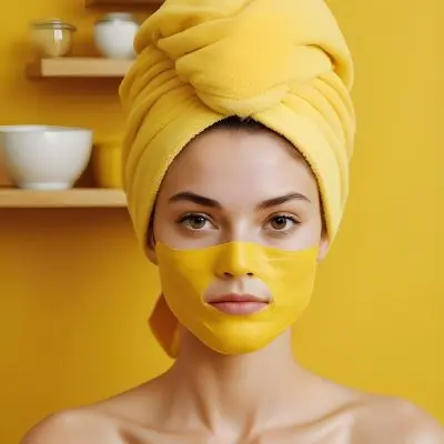 A Caucasian Woman Age 25 With A Yellow Towel On Her Head And A Yellow Mask On Her Face Surrounded By Bowls With Ingredients On A Yellow Background 27 250e