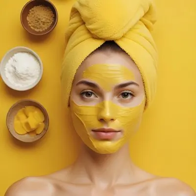 A Caucasian Woman Age 25 With A Yellow Towel On Her Head And A Yellow Mask On Her Face Surrounded By Bowls With Ingredients On A Yellow Background 28 Ef73