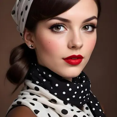 A Caucasian Woman Age 25 With Dark Skin Brown Hair Wearing A Black And White Polka Dot Scarf Red Lipstick And Heavy Makeup In A Studio With A Brown Background 2 E6c2