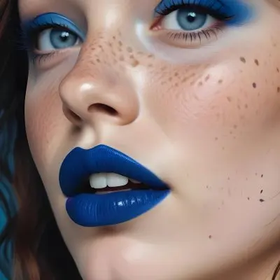 A Caucasian Woman Age 25 With Freckles Blue Lipstick And Blue Makeup Looking At The Camera Studio Background 1 849e