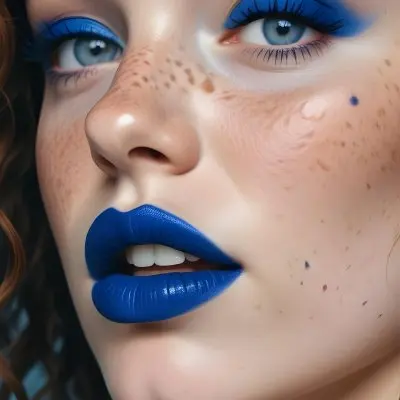 A Caucasian Woman Age 25 With Freckles Blue Lipstick And Blue Makeup Looking At The Camera Studio Background 18 F926
