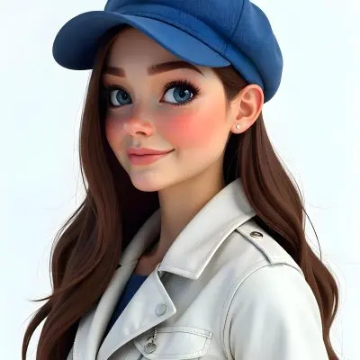 A Caucasian Woman Age 26 Long Brown Hair Wearing A White Jacket And A Blue Hat In A White Background 10 195f