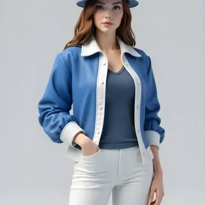 A Caucasian Woman Age 26 Long Brown Hair Wearing A White Jacket And A Blue Hat In A White Background 32 3294