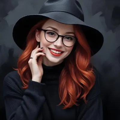 A Caucasian Woman Age 28 Red Hair Wearing A Black Hat And Glasses Smiling With Black Lipstick And Black Nails Black Sweater Black Background 12 Ba27