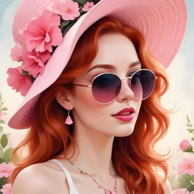A Caucasian Woman Age 28 Red Wavy Hair Wearing A Big Hat And Sunglasses Pink Lipstick White Dress With Pink Flowers Earrings And Necklace Light Background 14 C2c0