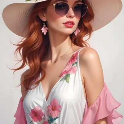 A Caucasian Woman Age 28 Red Wavy Hair Wearing A Big Hat And Sunglasses Pink Lipstick White Dress With Pink Flowers Earrings And Necklace Light Background 17 A1bb