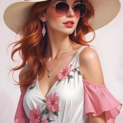 A Caucasian Woman Age 28 Red Wavy Hair Wearing A Big Hat And Sunglasses Pink Lipstick White Dress With Pink Flowers Earrings And Necklace Light Background 25 84e6