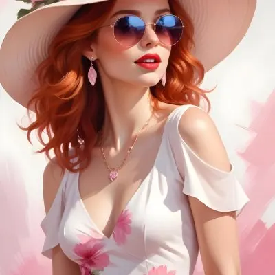 A Caucasian Woman Age 28 Red Wavy Hair Wearing A Big Hat And Sunglasses Pink Lipstick White Dress With Pink Flowers Earrings And Necklace Light Background 8 2698