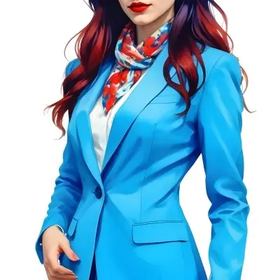 A Caucasian Woman Age 28 With Long Blue Hair Red Lips Wearing A White Suit And A Floral Scarf In A Blue Background 20 A234