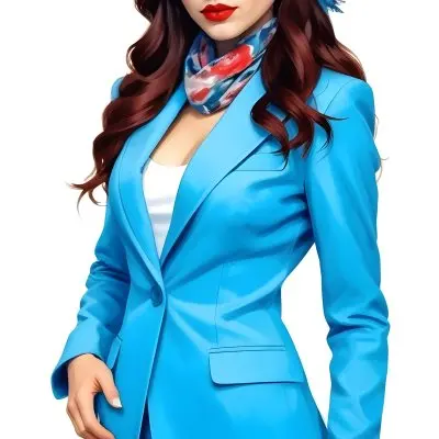 A Caucasian Woman Age 28 With Long Blue Hair Red Lips Wearing A White Suit And A Floral Scarf In A Blue Background 25 F384