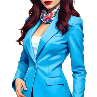 A Caucasian Woman Age 28 With Long Blue Hair Red Lips Wearing A White Suit And A Floral Scarf In A Blue Background 27 A50c