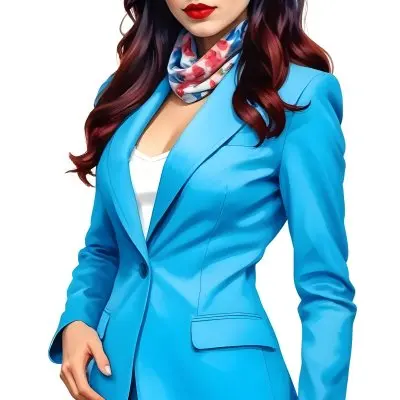 A Caucasian Woman Age 28 With Long Blue Hair Red Lips Wearing A White Suit And A Floral Scarf In A Blue Background 32 860f