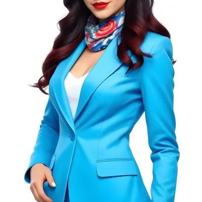 A Caucasian Woman Age 28 With Long Blue Hair Red Lips Wearing A White Suit And A Floral Scarf In A Blue Background 38 Cd92