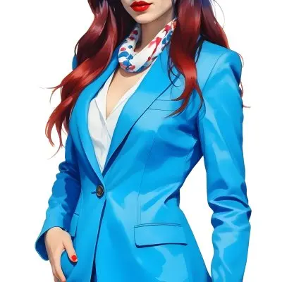 A Caucasian Woman Age 28 With Long Blue Hair Red Lips Wearing A White Suit And A Floral Scarf In A Blue Background 5 12f1
