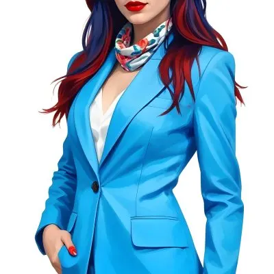 A Caucasian Woman Age 28 With Long Blue Hair Red Lips Wearing A White Suit And A Floral Scarf In A Blue Background 67 36e4