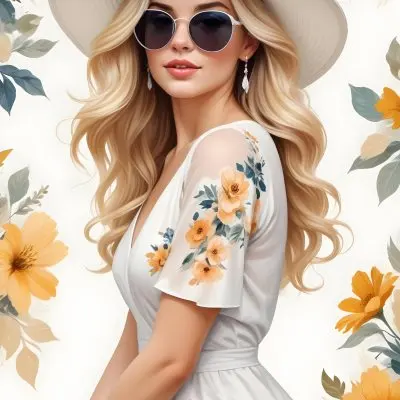 A Caucasian Woman Age 30 With Blonde Wavy Hair Wearing A White Hat Sunglasses Earrings And A White Dress With Floral Print In A White Background 1 5316