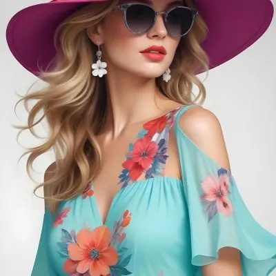 A Caucasian Woman Age 30 With Blonde Wavy Hair Wearing A White Hat Sunglasses Earrings And A White Dress With Floral Print In A White Background 10 2326