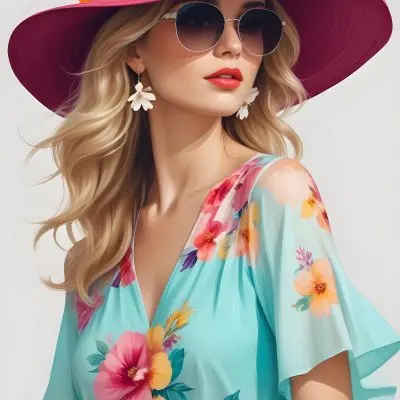 A Caucasian Woman Age 30 With Blonde Wavy Hair Wearing A White Hat Sunglasses Earrings And A White Dress With Floral Print In A White Background 11 Bb1b